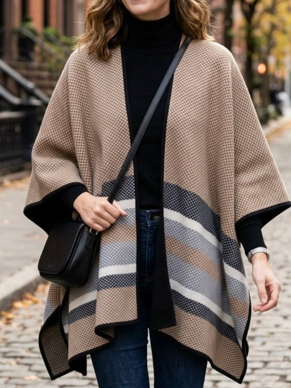 Nicole Miller Houndstooth Open Front Plaid Poncho Wrap Cape Striped Trim Size OS